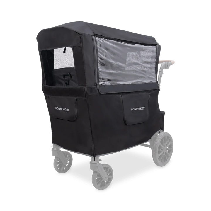 Built for a wagon stroller, Wonderfold Weather Cover keeps children dry and comfortable in rain or wind