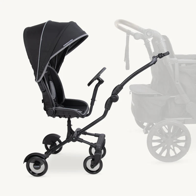 Attached to a stroller wagon, the Wonderfold Buddy Rider offers a secure ride-along seat for toddlers on daily outings