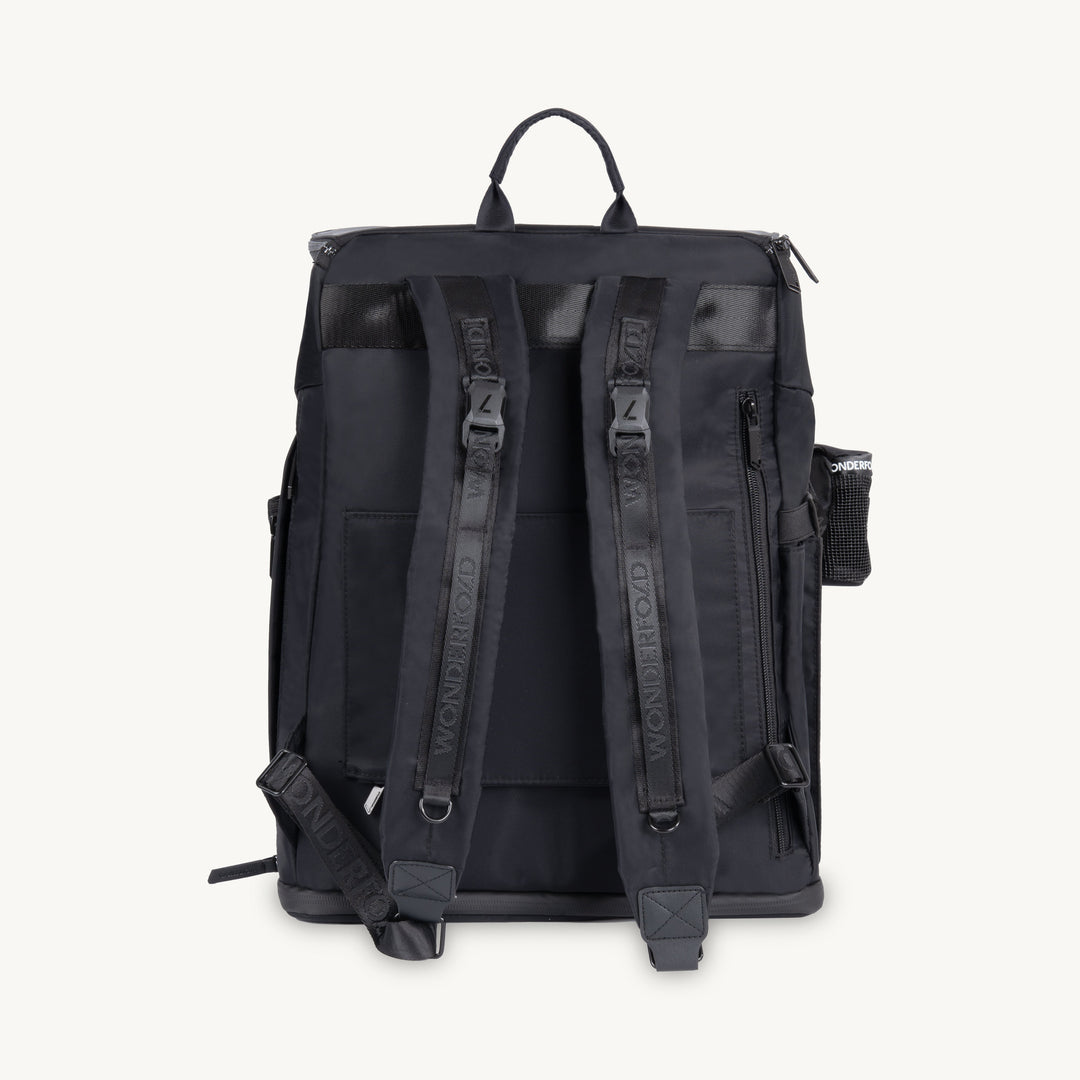 Adjustable shoulder straps on the Black Aspen Backpack by Wonderfold, a travel diaper backpack