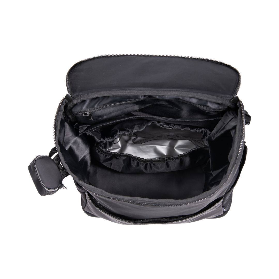 Wonderfold Aspen Backpack Black with magnetic buckles to clip onto a stroller wagon handle