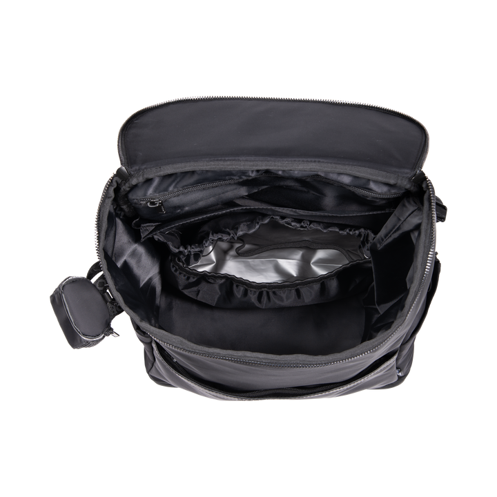 Wonderfold Aspen Backpack Black with magnetic buckles to clip onto a stroller wagon handle