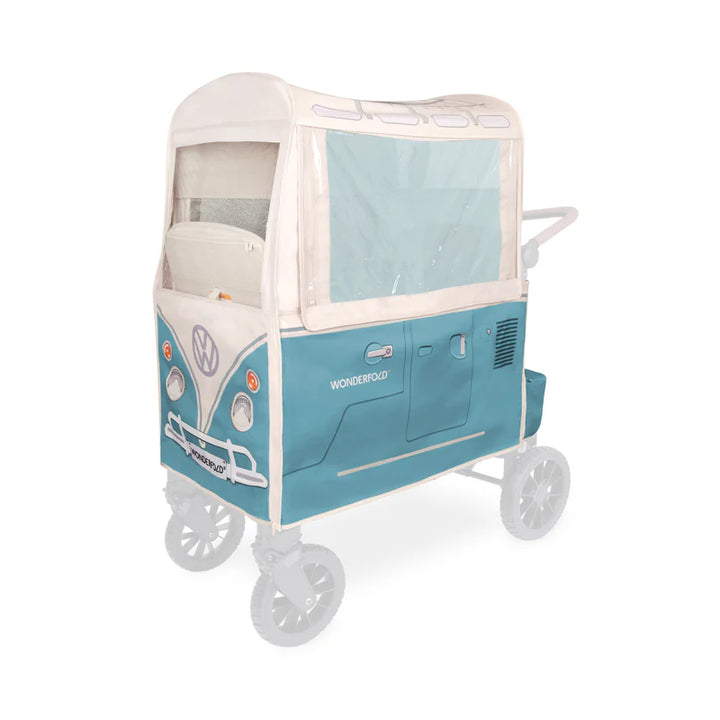 Bondi Blue Wonderfold Volkswagen Weather Cover creates a twins stroller solution with breathable and protective coverage