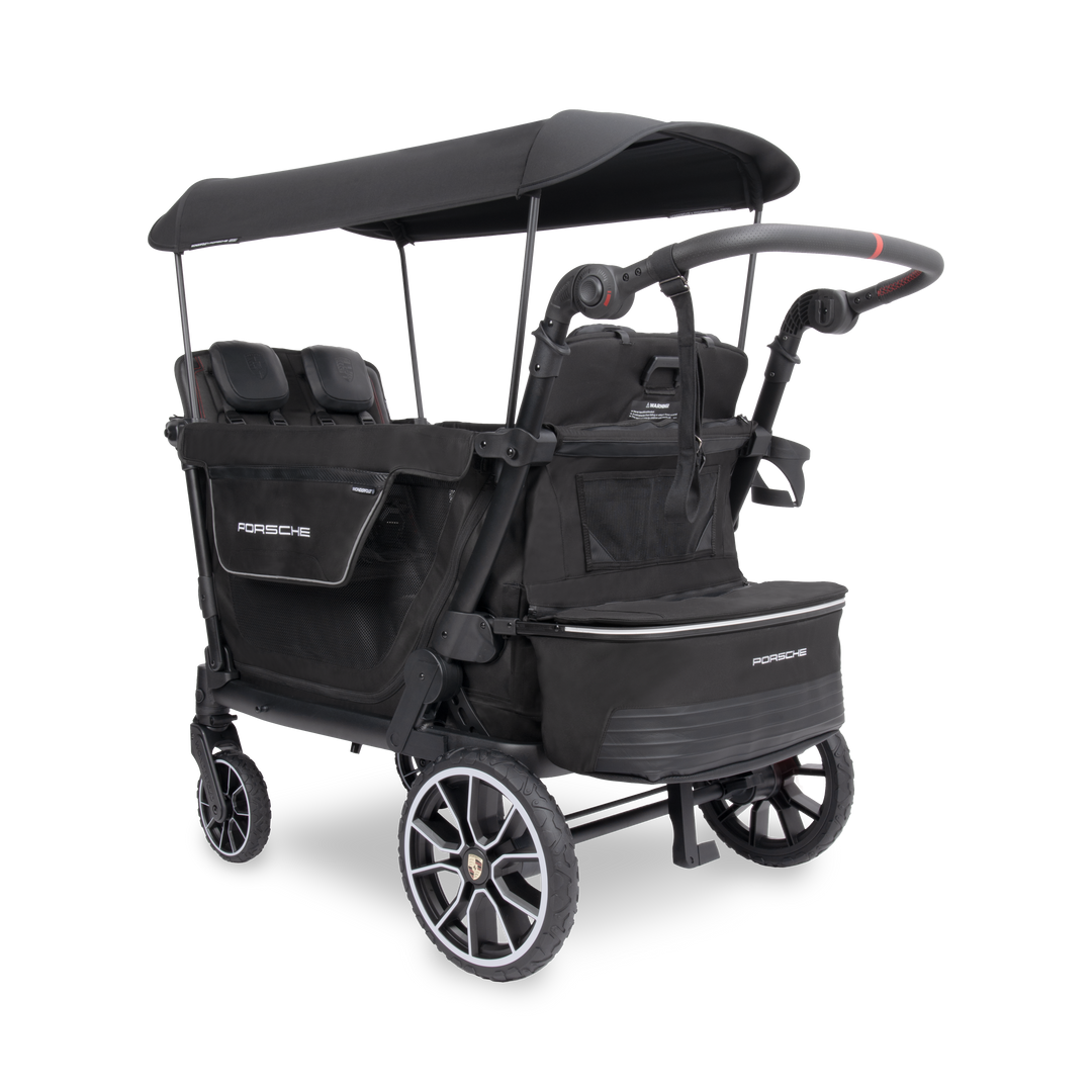 Carbon fiber-inspired fabric on the Wonderfold Porsche L4 Quad Stroller Wagon, a quad stroller wagon