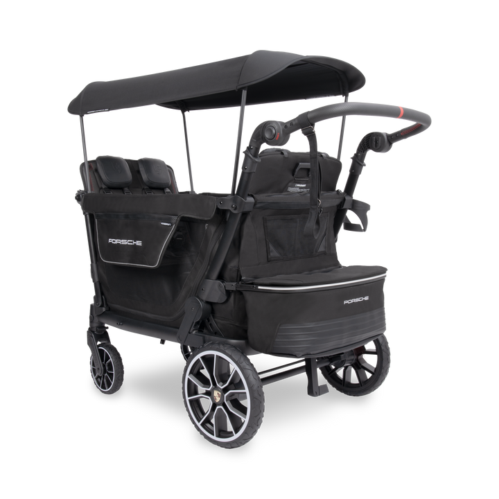 Carbon fiber-inspired fabric on the Wonderfold Porsche L4 Quad Stroller Wagon, a quad stroller wagon