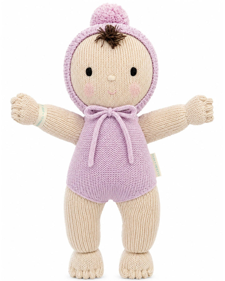 My First Baby in Lavender by Cuddle + Kind, a soft 14-inch hand-knit baby doll for newborns