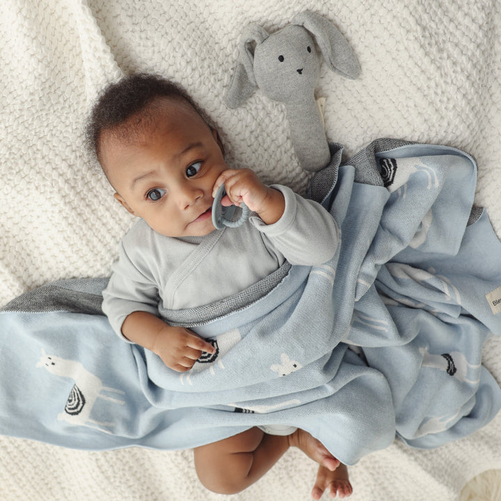 Baby wrapped in a Bleu La La llama blanket in blue  with a gray toy, lying on a bed