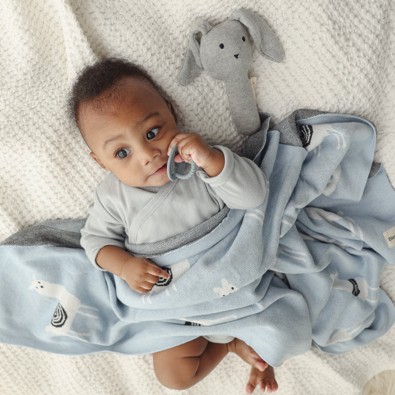 Baby wrapped in a Bleu La La llama blanket in blue  with a gray toy, lying on a bed