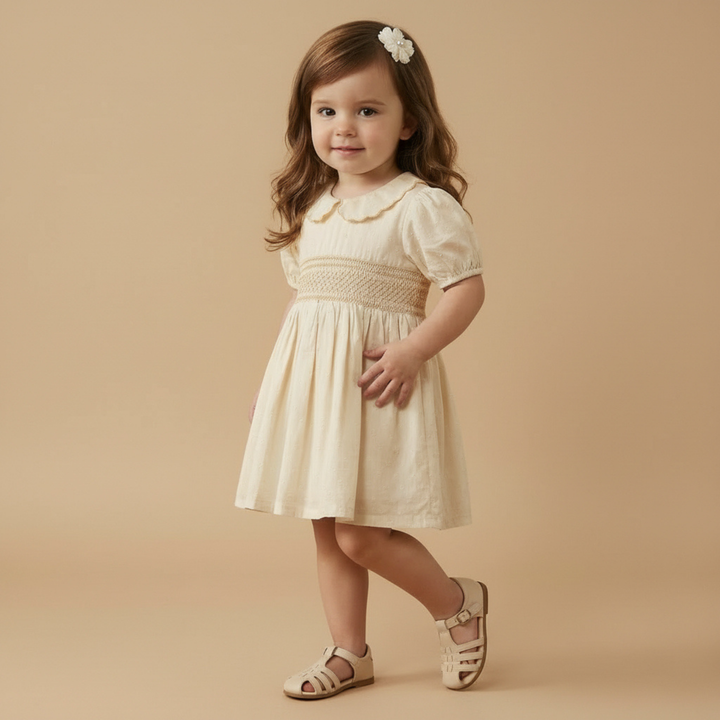 Organic butter yellow smocked collar dress detail - MakeMake Organics heirloom baby dress