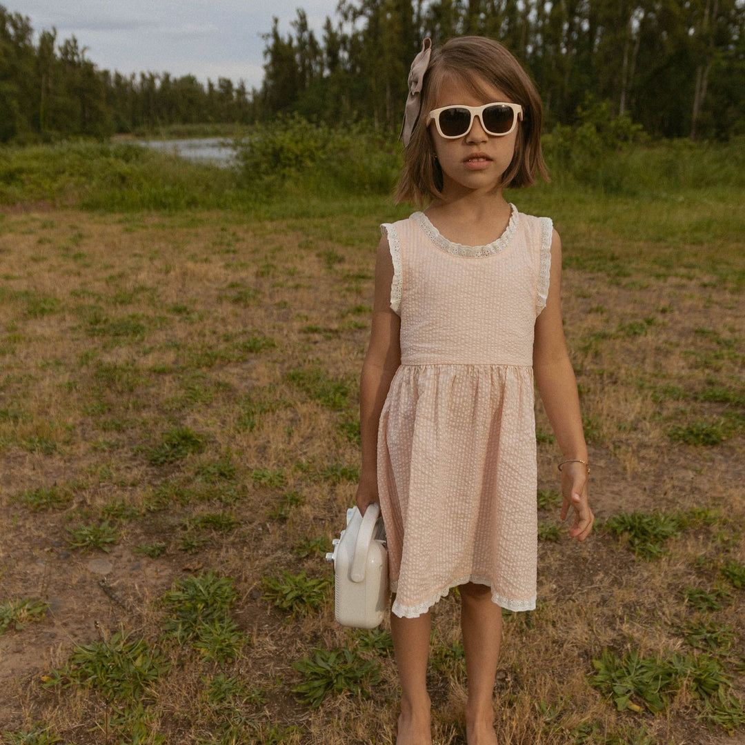 MakeMake Organics Blush Cross Back Dress back strap detail - organic cotton toddler summer dress