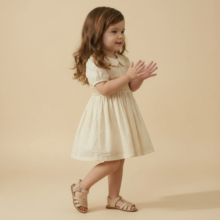 Butter yellow smocked collar dress back view - MakeMake Organics organic cotton baby dress