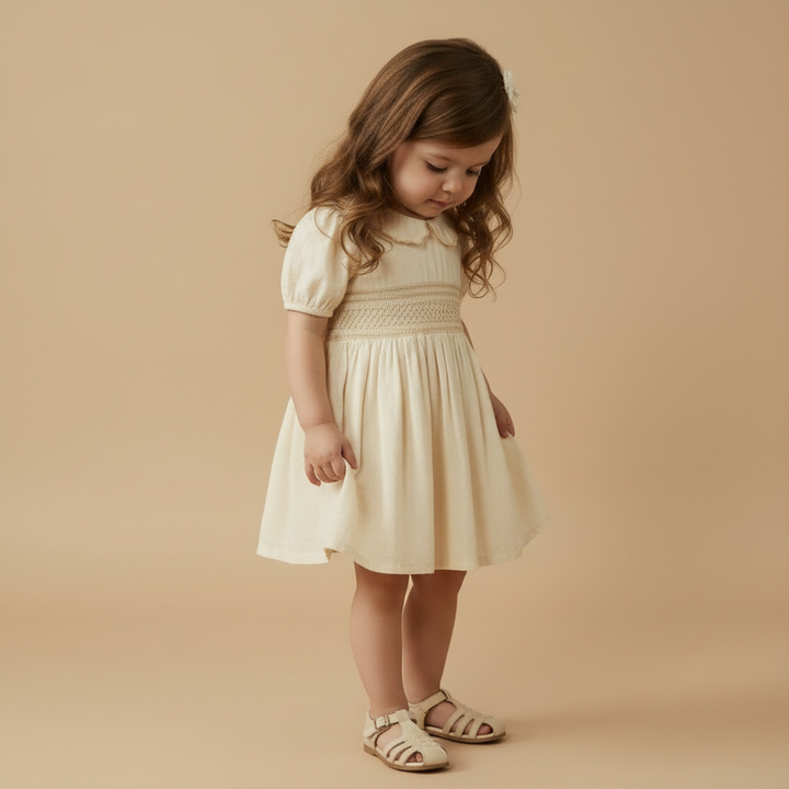 MakeMake Organics Butter Yellow Smocked Collar Dress - GOTS certified organic cotton baby dress