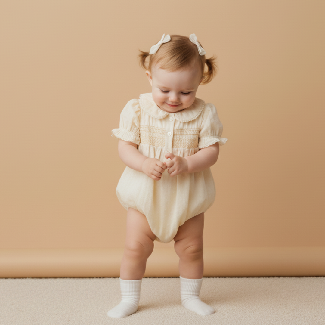 Organic Smocked Button Romper - Butter Yellow