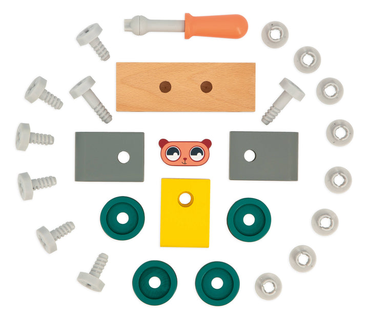 Wooden car pieces and hardware from Janod Brico'kids DIY Bear Car set