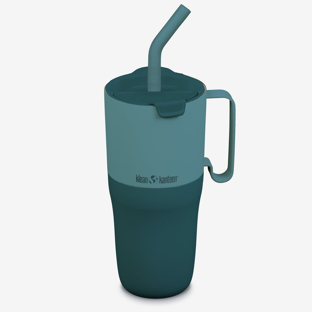 Stylish Klean Kanteen 26oz Rise Tumbler in Brittany Blue with Straw Lid, featuring recycled stainless steel and cup holder friendly design.