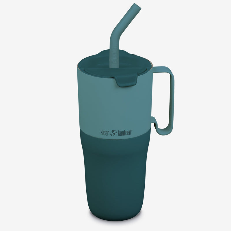 Stylish Klean Kanteen 26oz Rise Tumbler in Brittany Blue with Straw Lid, featuring recycled stainless steel and cup holder friendly design.