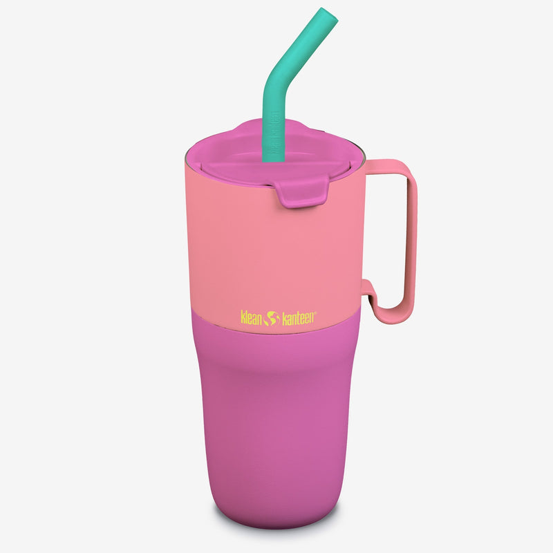 Klean Kanteen 26oz Rise Tumbler in Pink Lemonade Kaleidoscope with Straw Lid, made from stainless steel and perfect for hydrating all day.