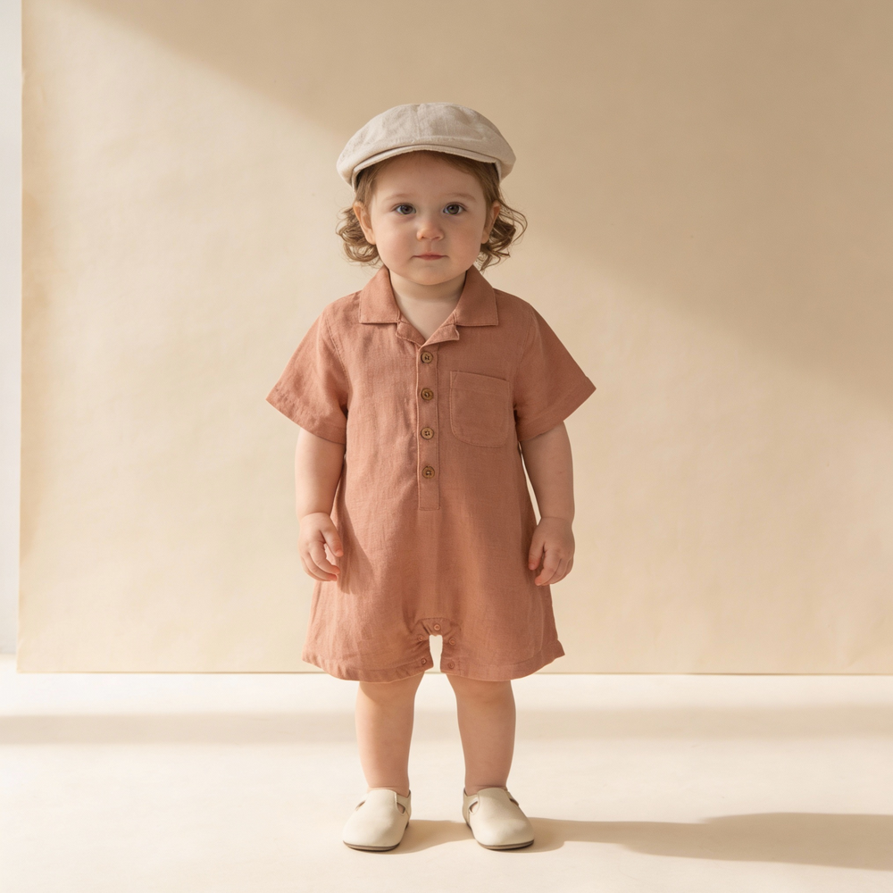 MakeMake Organics Clay Collared Romper - polished organic cotton collar baby romper GOTS certified