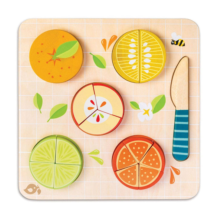 Tender Leaf Toys Citrus Fractions wooden puzzle with orange, lemon, lime, and knife pieces