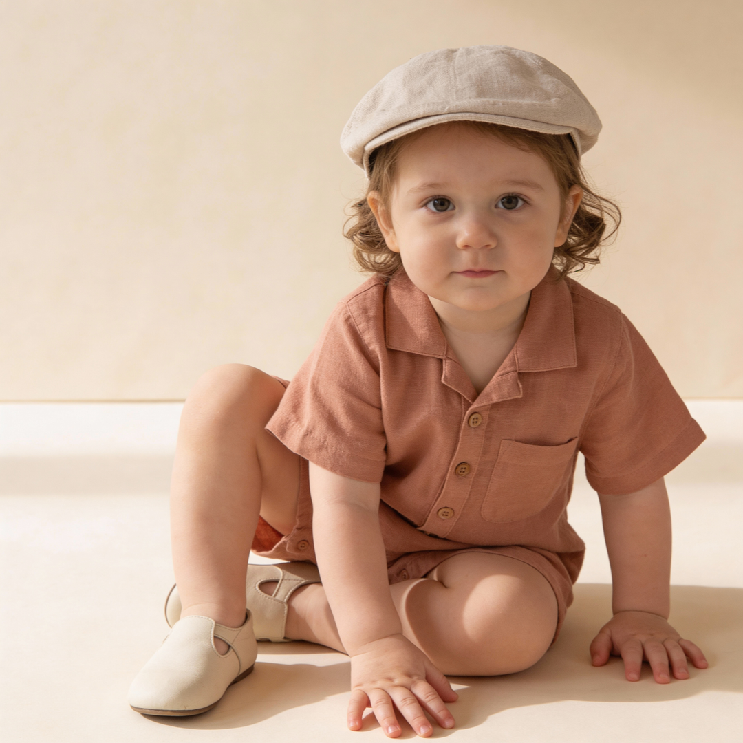 Clay organic collared romper back view - MakeMake Organics snap closure organic cotton baby romper