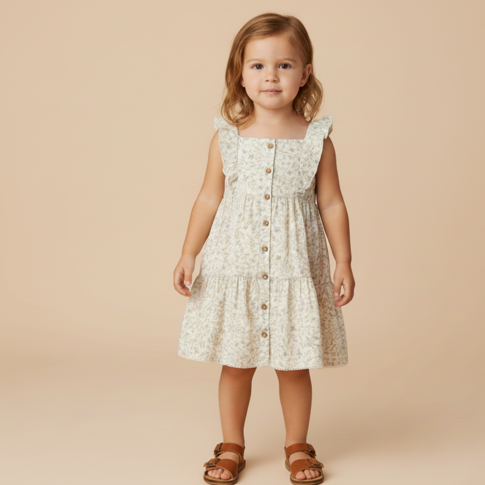 Bluebelle organic tiered flutter dress back view - MakeMake Organics dobby weave baby dress