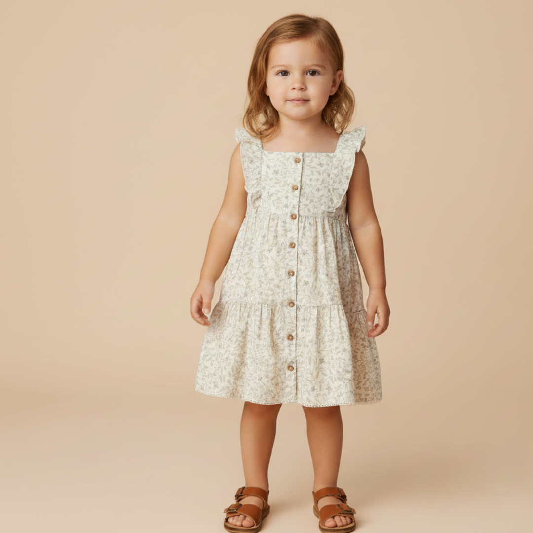 Bluebelle organic tiered flutter dress back view - MakeMake Organics dobby weave baby dress