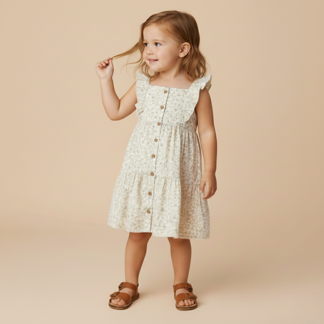 MakeMake Organics Bluebelle Flutter Buttoned Tiered Dress - GOTS certified organic baby dress