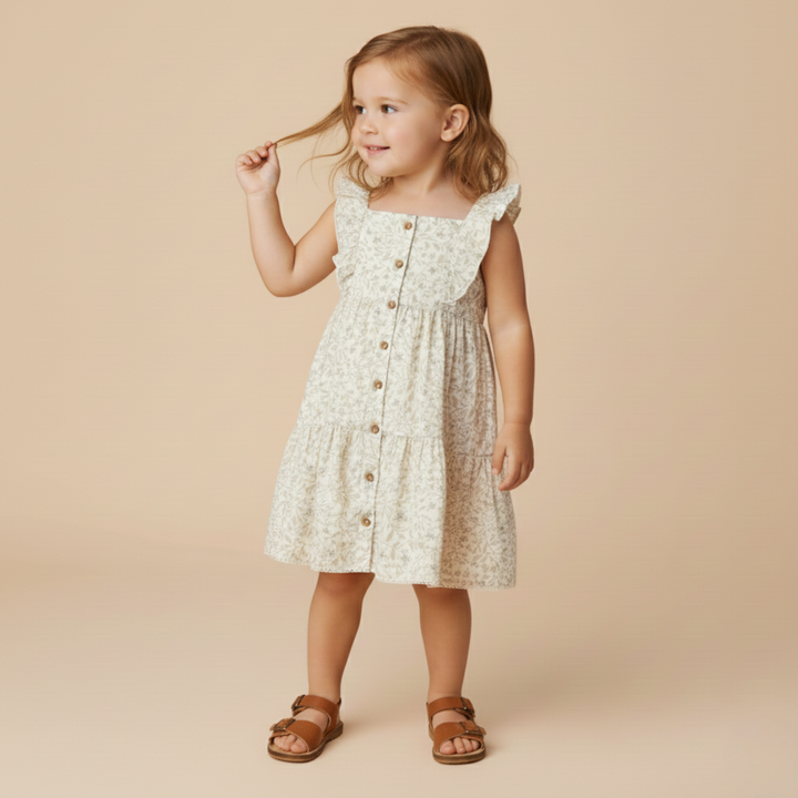 MakeMake Organics Bluebelle Flutter Buttoned Tiered Dress - GOTS certified organic baby dress