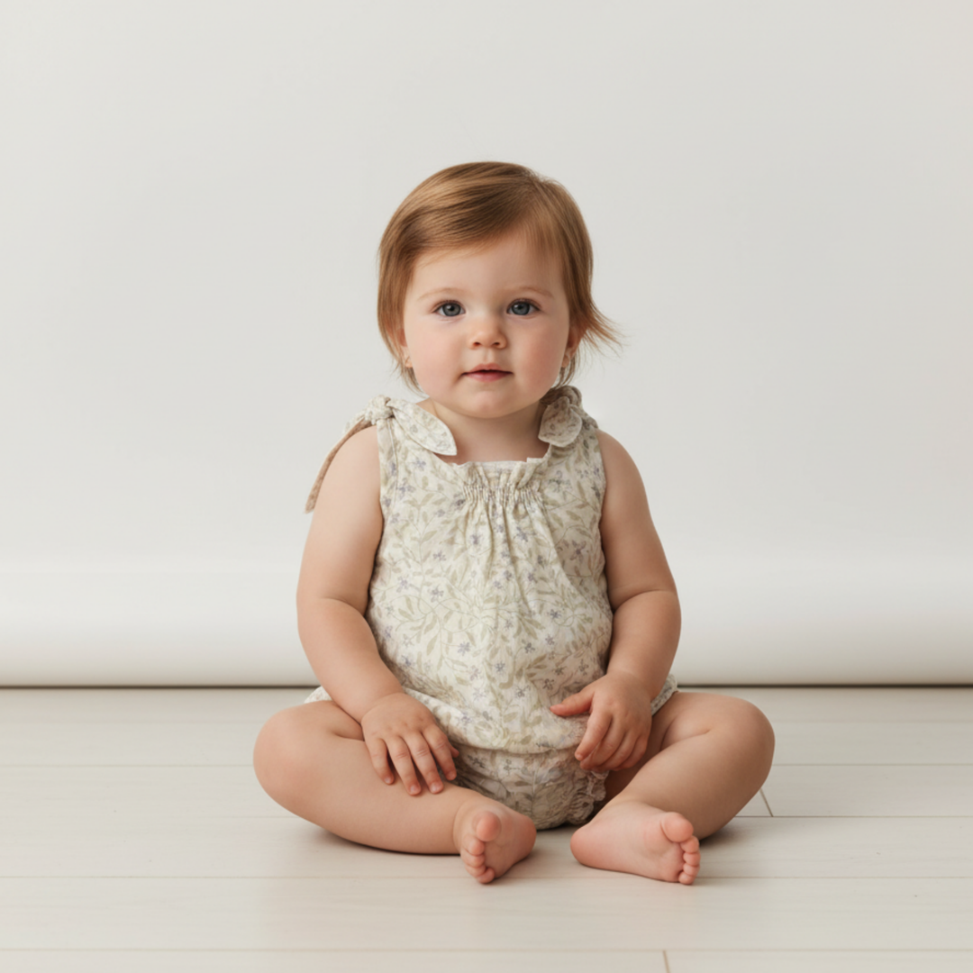 MakeMake Organics Tie Shoulder Bubble Romper Bluebelle - dobby weave organic cotton infant romper