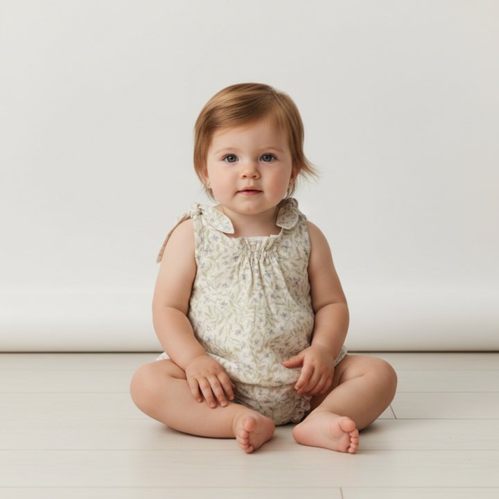 MakeMake Organics Tie Shoulder Bubble Romper Bluebelle - dobby weave organic cotton infant romper
