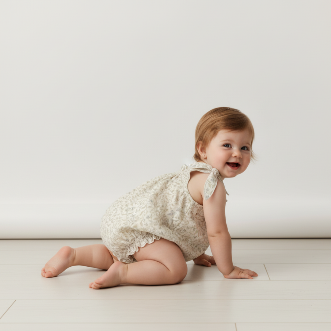 Bluebelle tie shoulder bubble romper back detail - MakeMake Organics adjustable organic baby romper
