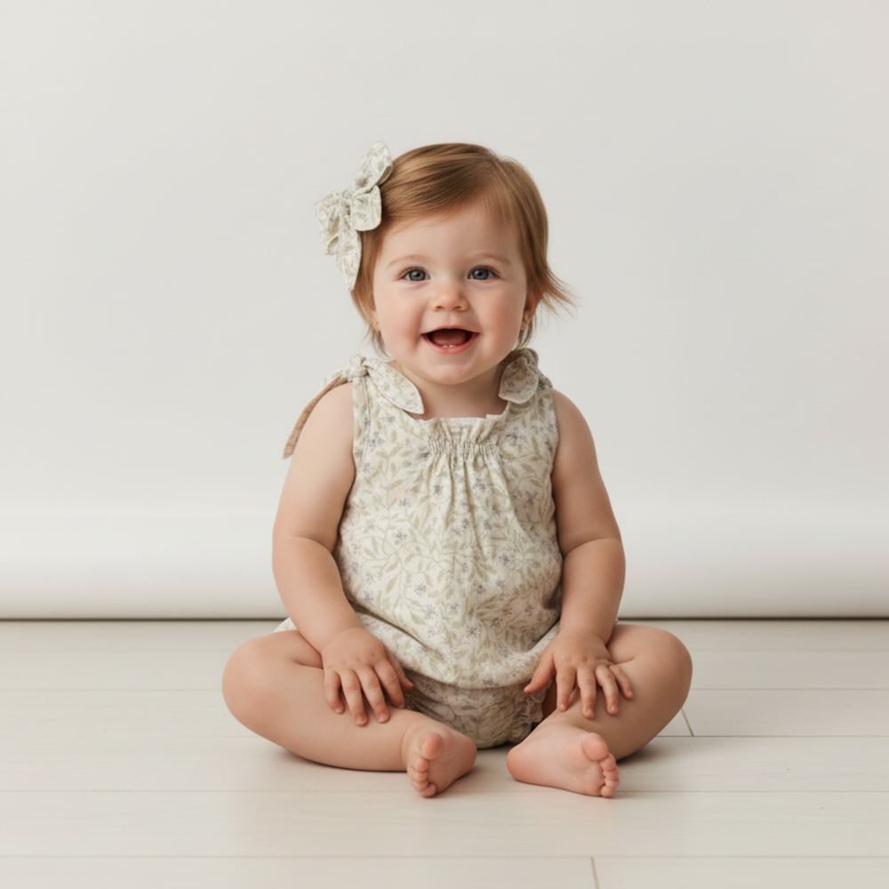 MakeMake Organics Bluebelle Tie Shoulder Bubble Romper - adjustable organic cotton baby romper