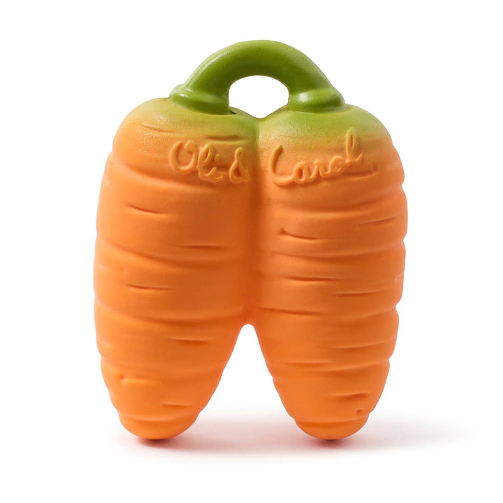 Oil & Carol carrot baby teether close up, natural rubber teething toy for infants, sore gums, chewing, and sensory exploration