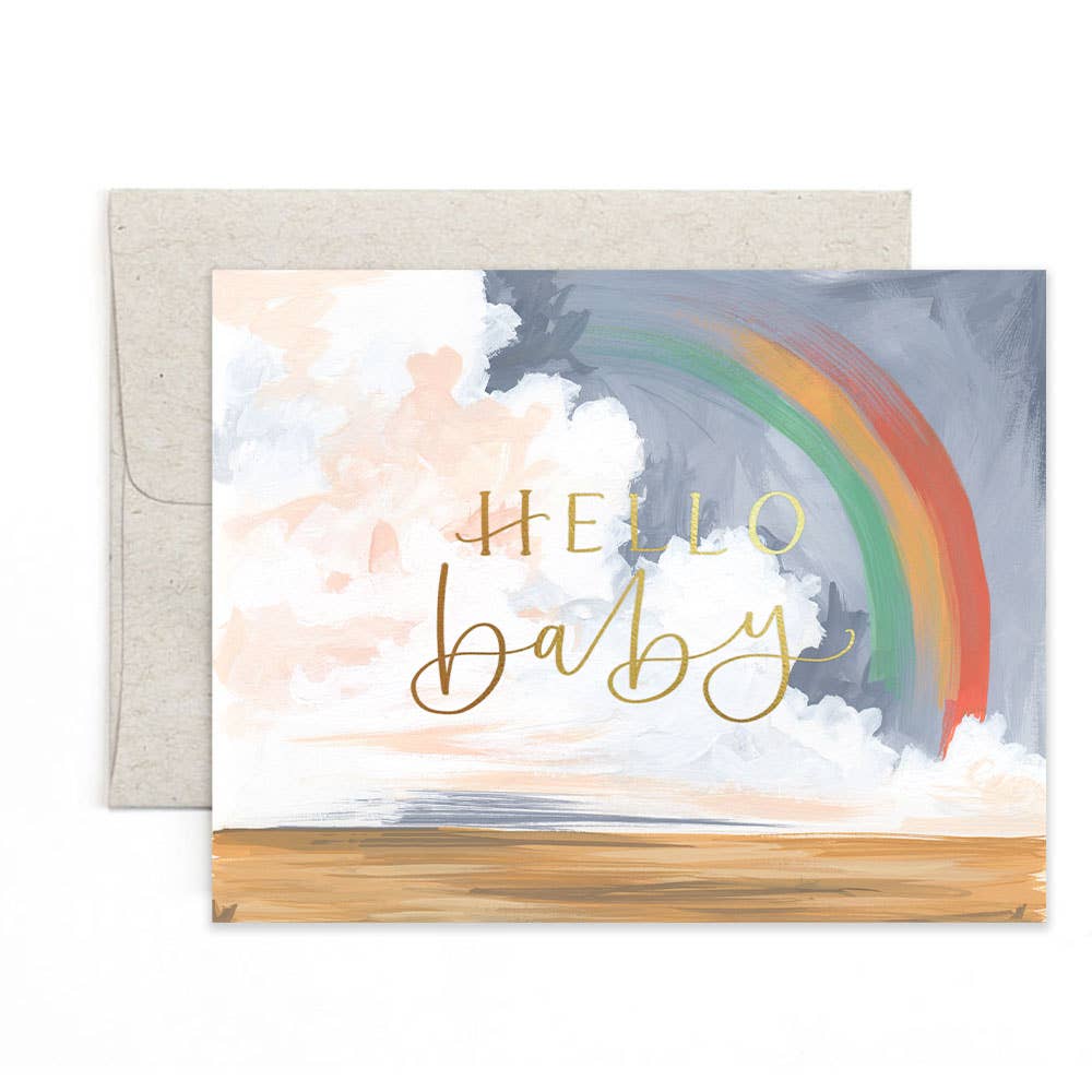 1canoe2 Hello Baby rainbow greeting card with kraft envelope, a hand-painted new baby congratulations card