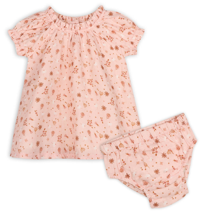 Viverano Organics Pink Floral Baby Dress + Bloomer, soft and cozy organic baby clothes for little girls.
