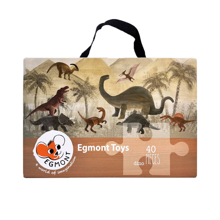 Front cover of the Dino Floor Puzzle by Egmont features a soaring pterodactyl above palm trees and mountains