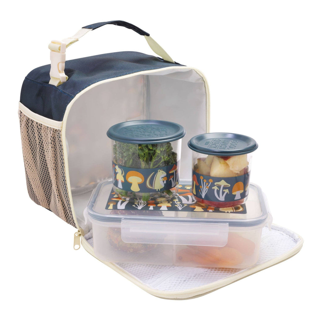 open view of childrens mushroom navy and orange lunch box with matching sealed containers