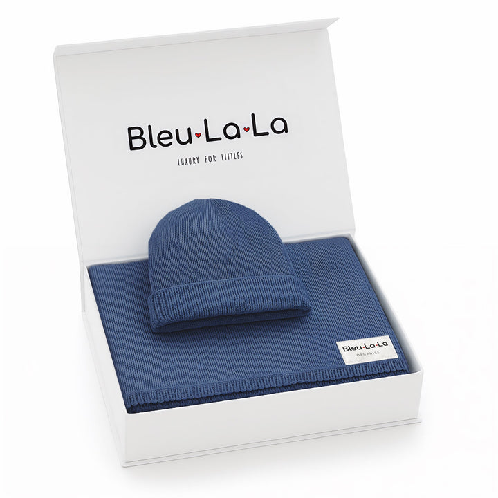 Bleu La La navy organic cotton knit baby blanket and hat set in gift box, luxe collection