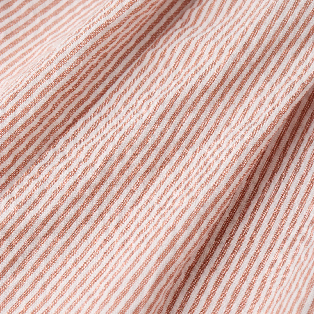 MakeMake Organics Coral Stripes Short Bubble Romper lifestyle - organic baby outfit for summer
