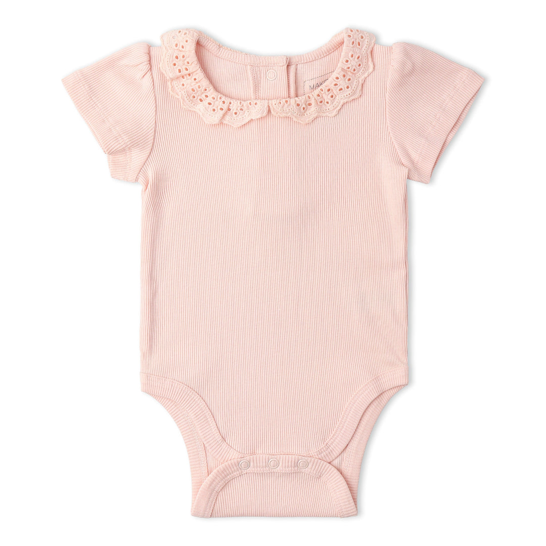 MakeMake Organics Lace Collar Onesie Blush lifestyle - delicate organic baby set for special occasions