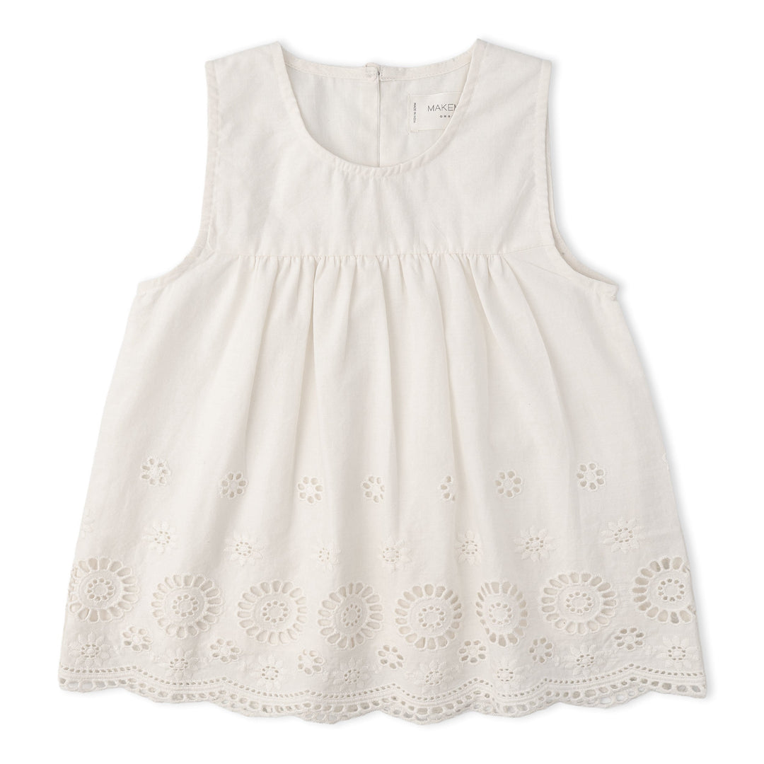 Organic ivory eyelet wide-leg pant and top detail - MakeMake Organics GOTS certified toddler set