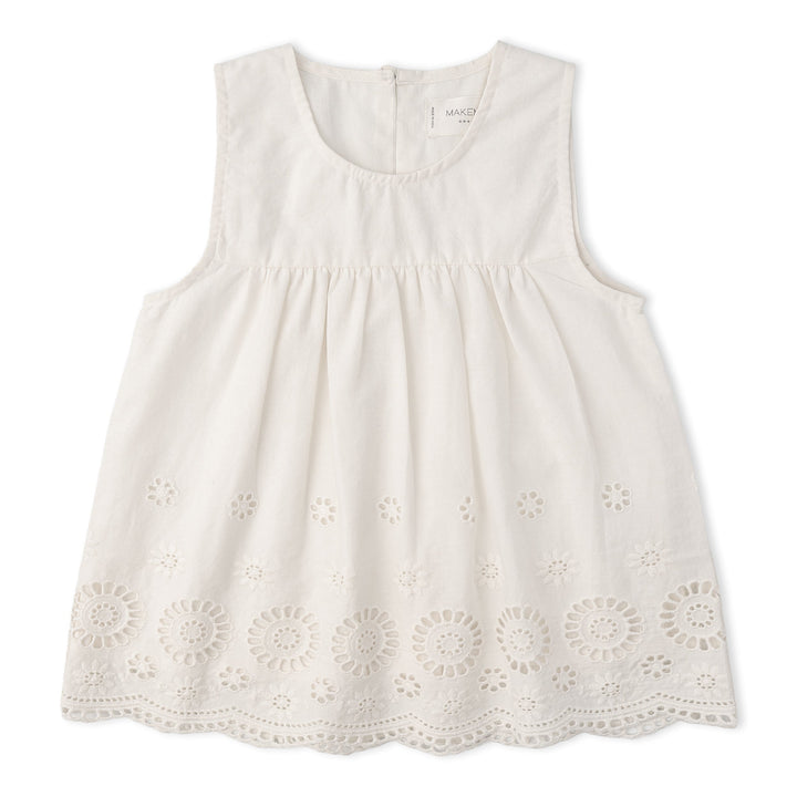 Organic ivory eyelet wide-leg pant and top detail - MakeMake Organics GOTS certified toddler set
