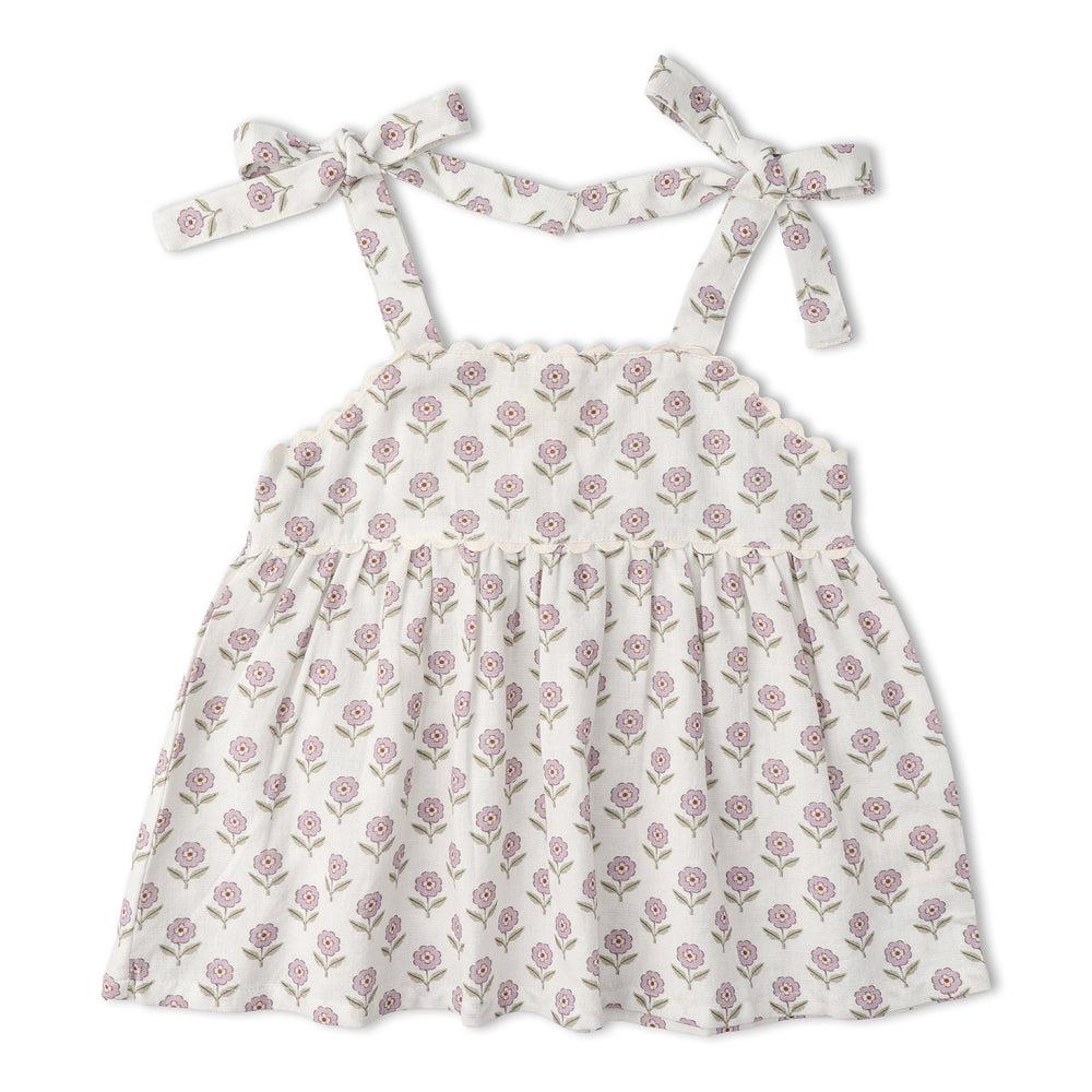 MakeMake Organics Lavender Tie Up Set lifestyle - dreamy organic cotton toddler summer outfit