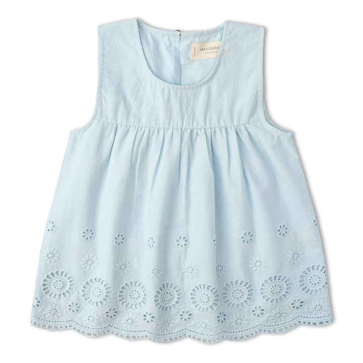 Toddler in MakeMake Organics Light Blue Eyelet Top Pant Set - airy organic cotton wide-leg set