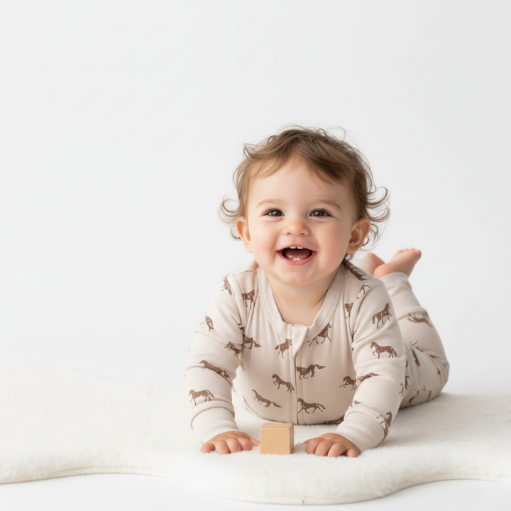 Horses print organic 2-way zip romper detail - MakeMake Organics easy diaper change baby romper