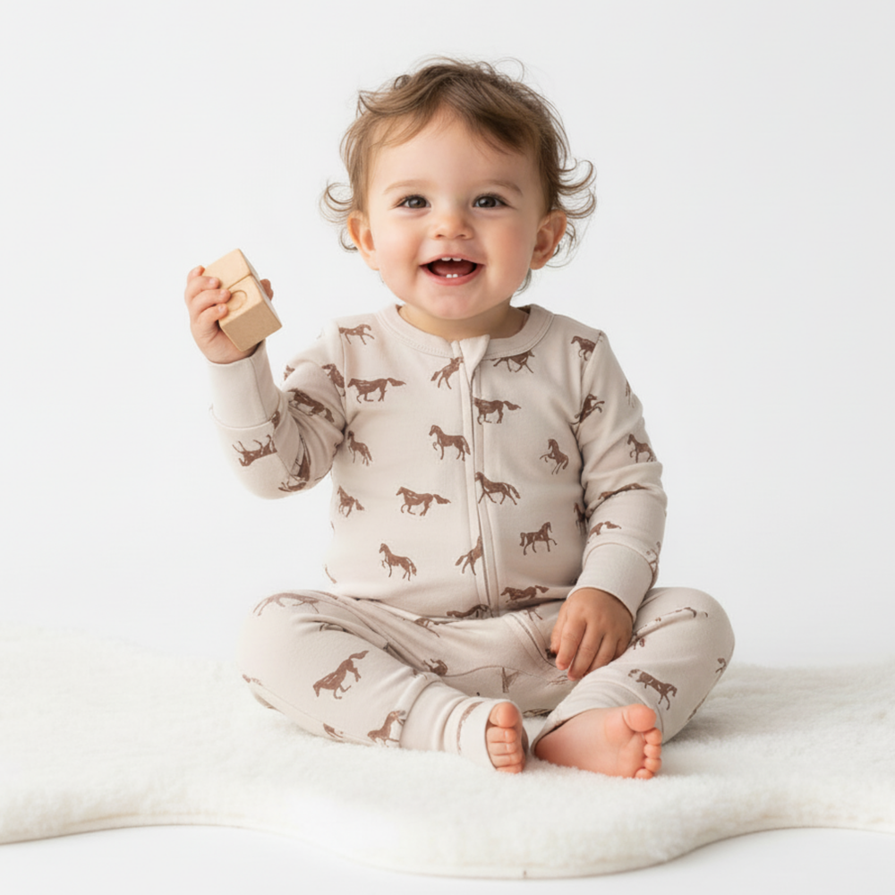 MakeMake Organics Horses 2-Way Zip Romper - GOTS certified organic cotton zip baby romper