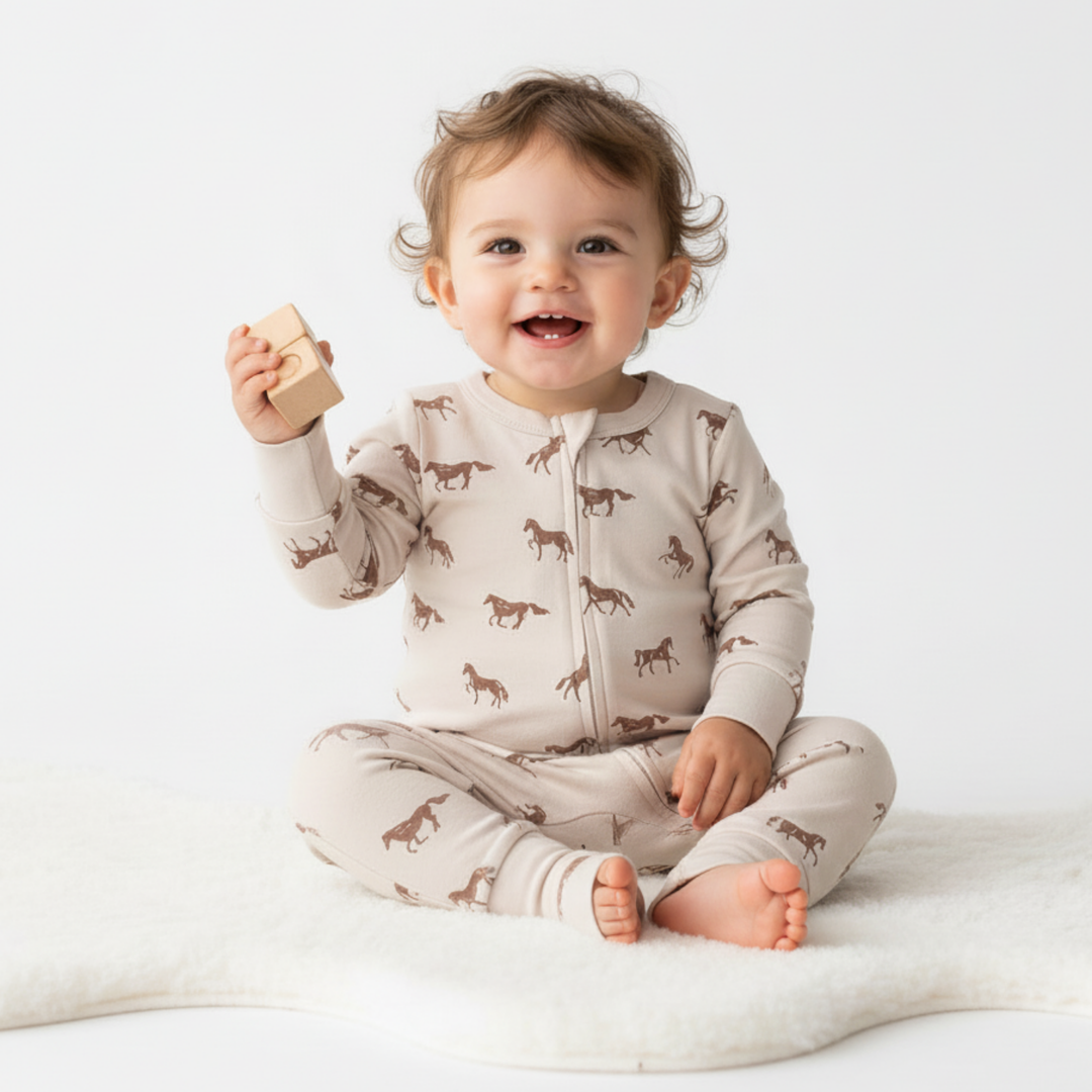 MakeMake Organics Horses 2-Way Zip Romper - GOTS certified organic cotton zip baby romper