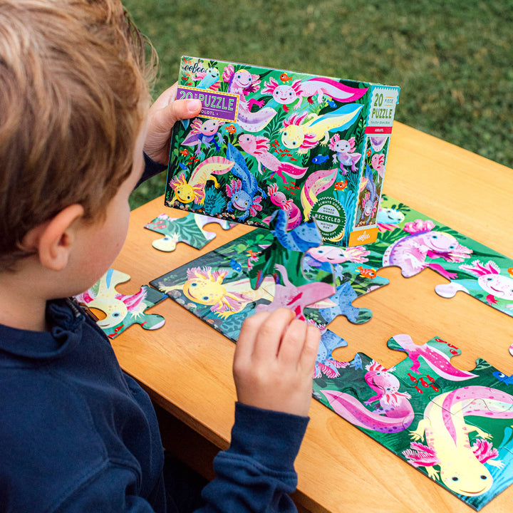 eeBoo Axolotl puzzle pieces close-up showing thick dustless construction and vivid colors