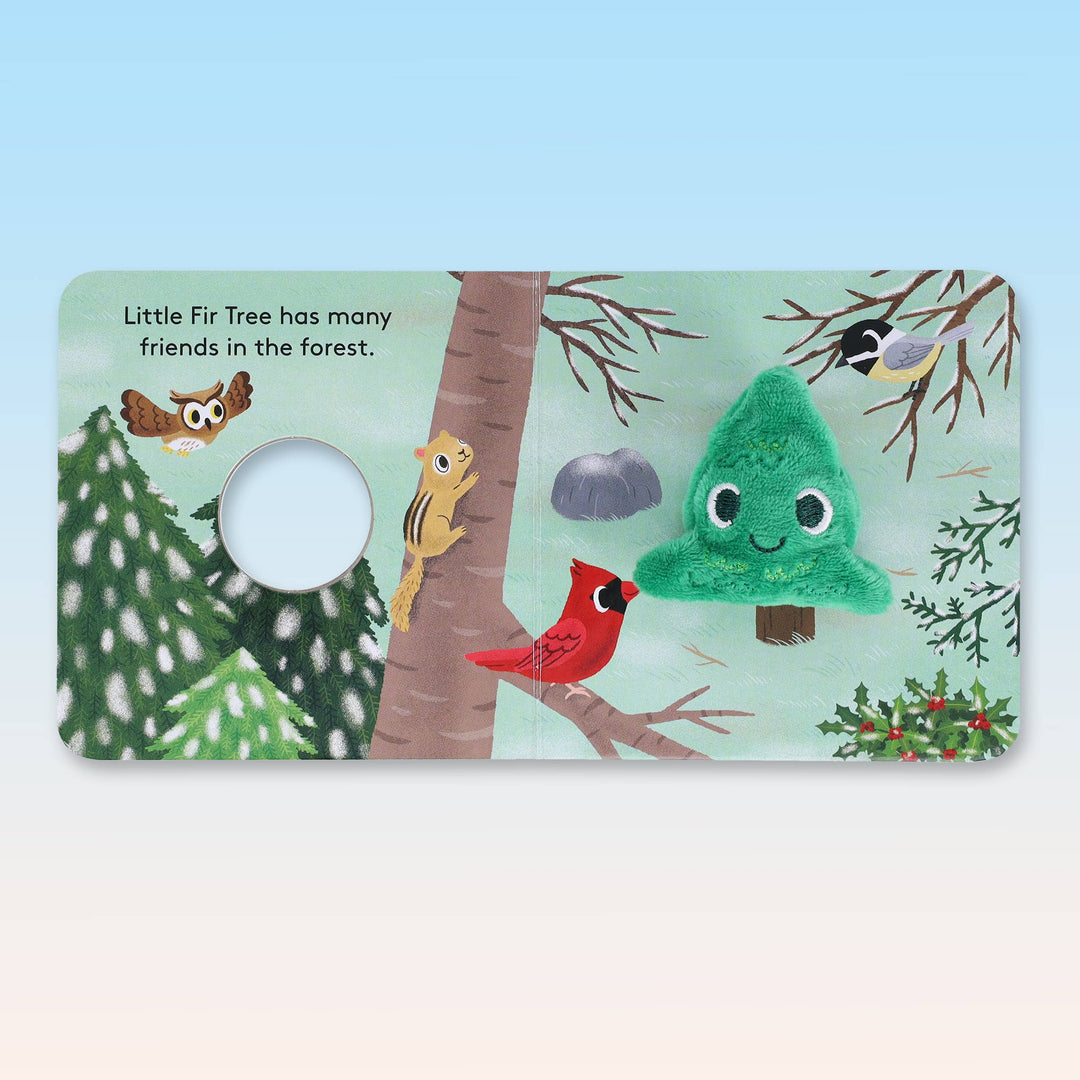 Peek-a-boo hole spread in Little Fir Tree Finger Puppet Book with cardinal and squirrel