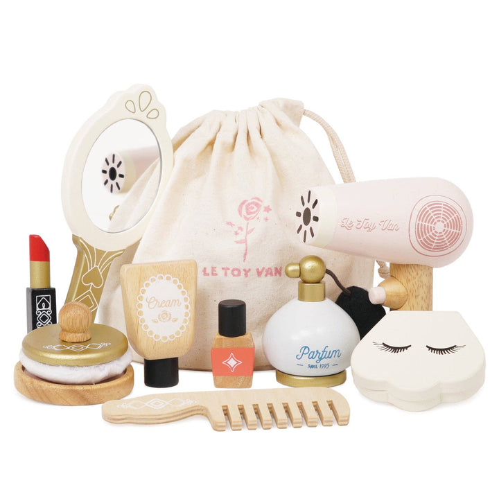 Le Toy Van Vanity Star Beauty Kit 11-piece wooden makeup set in natural cotton bag