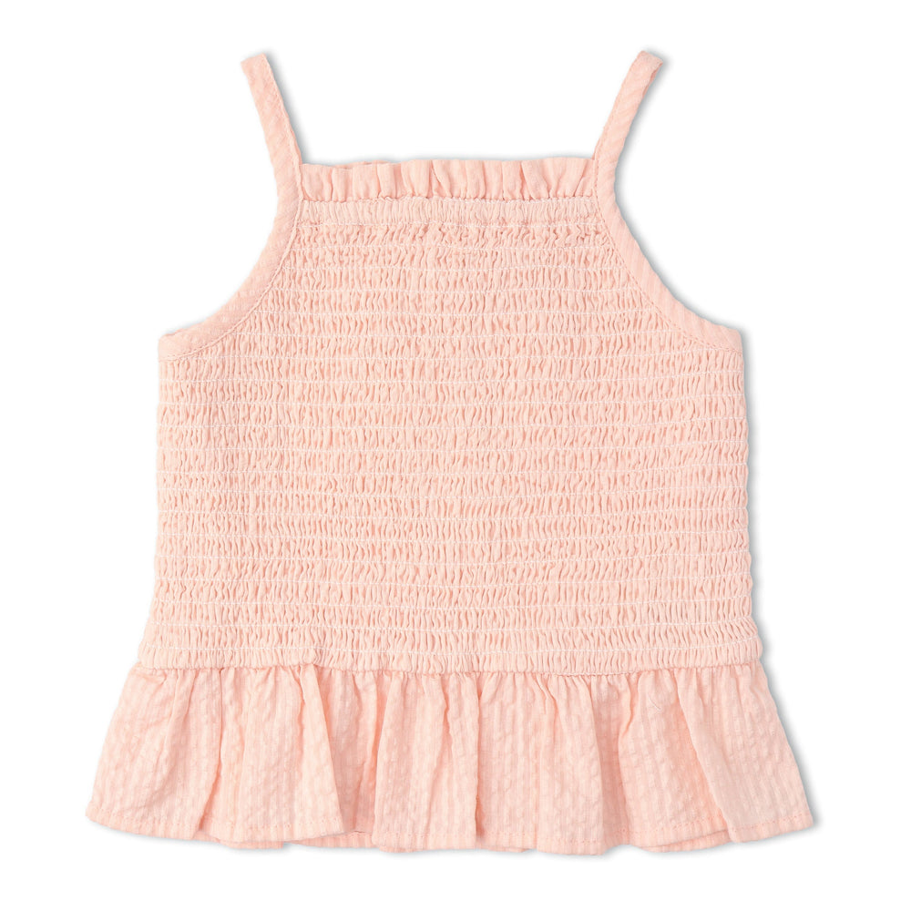 MakeMake Organics Blush Smocked Set lifestyle - delicate organic cotton infant bloomer outfit